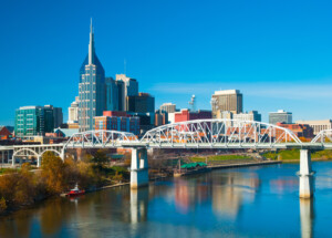 Nashville skyline, bridge, and river