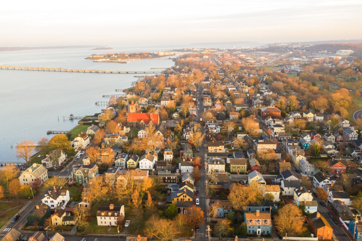 aerial view of newport rhode island homes and coastline