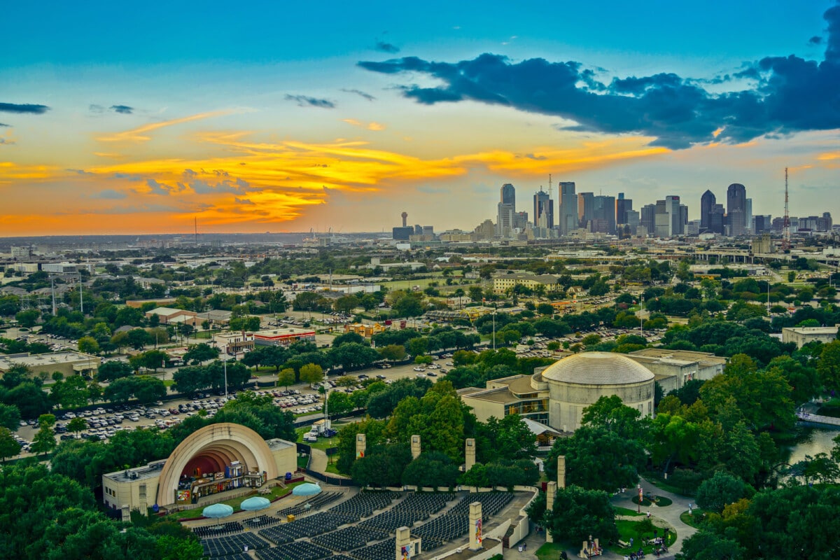 Dallas,Skyline,Sunset,Aerial,View,,Texas