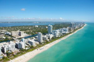 Miami beach shore with skyline view