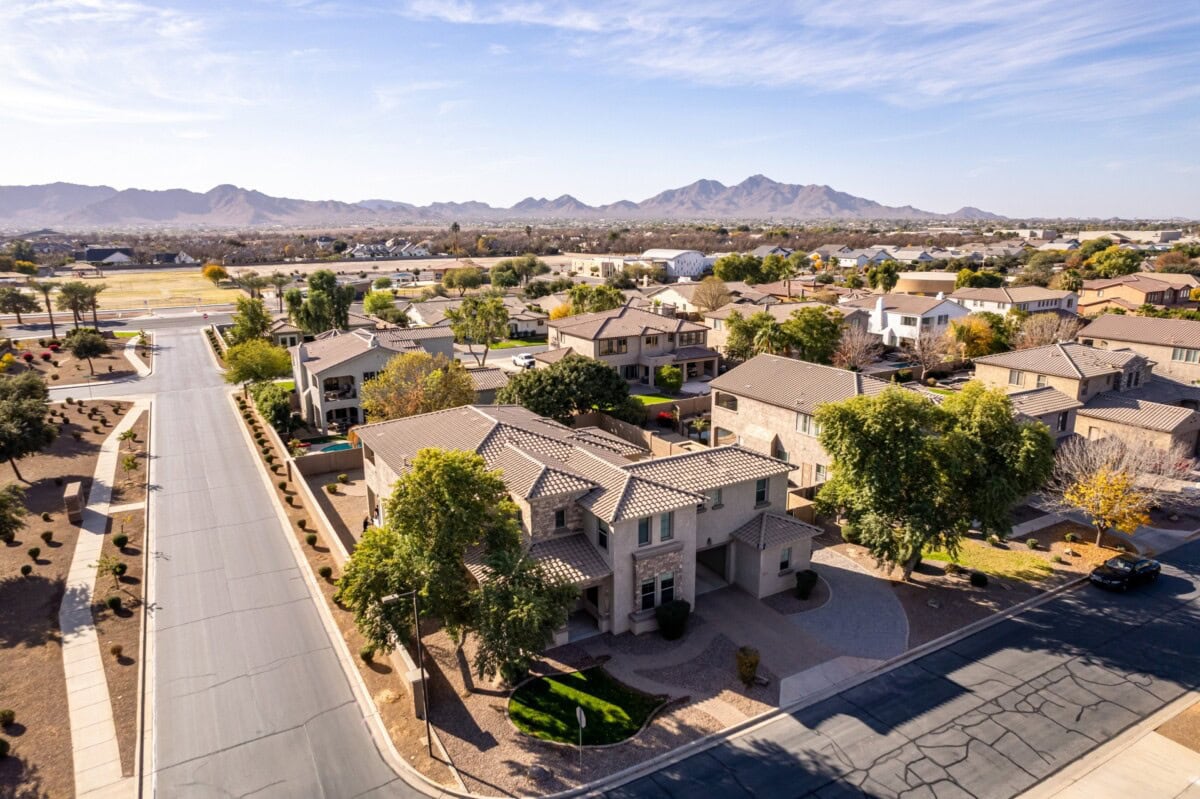 aerial view of arizona neighborhood with camel back mountain